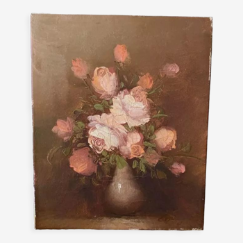 Painting on canvas pinks in a vase.