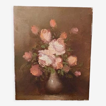 Peinture sur toile roses dans un vase.