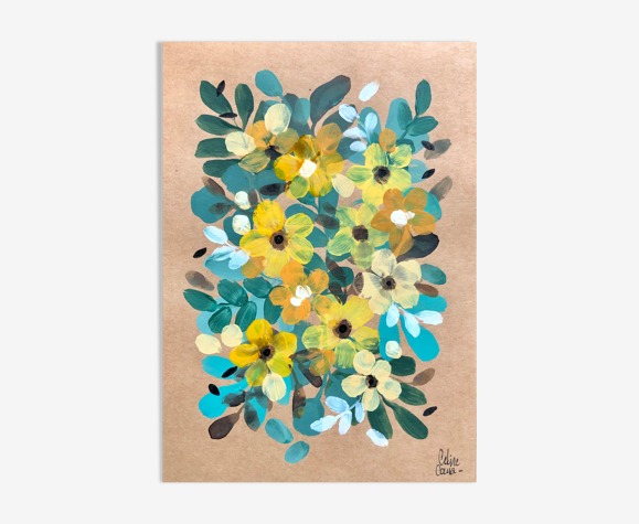 Peinture florale sur papier a5 fleurs jaunes par Céline Caux