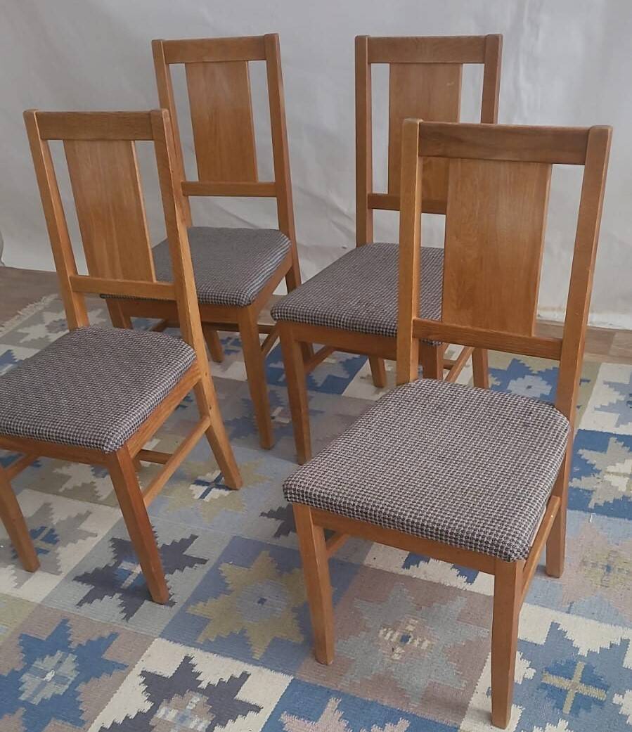 4 brutalist chairs in oak and checkered fabric, Denmark, 1960s