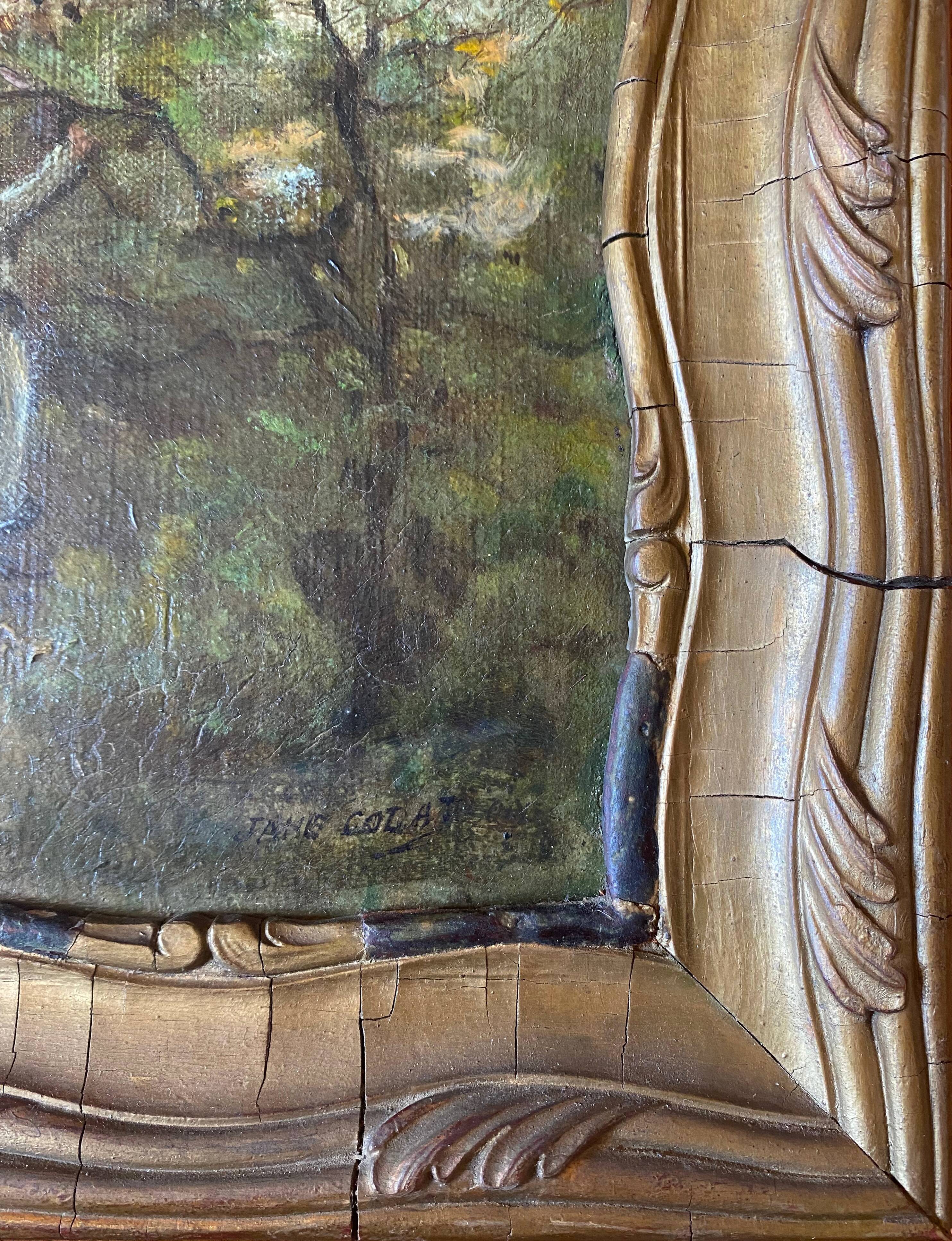 Painting Provencal school "Animated landscape" signed Jane Colat XIX ° century + frame