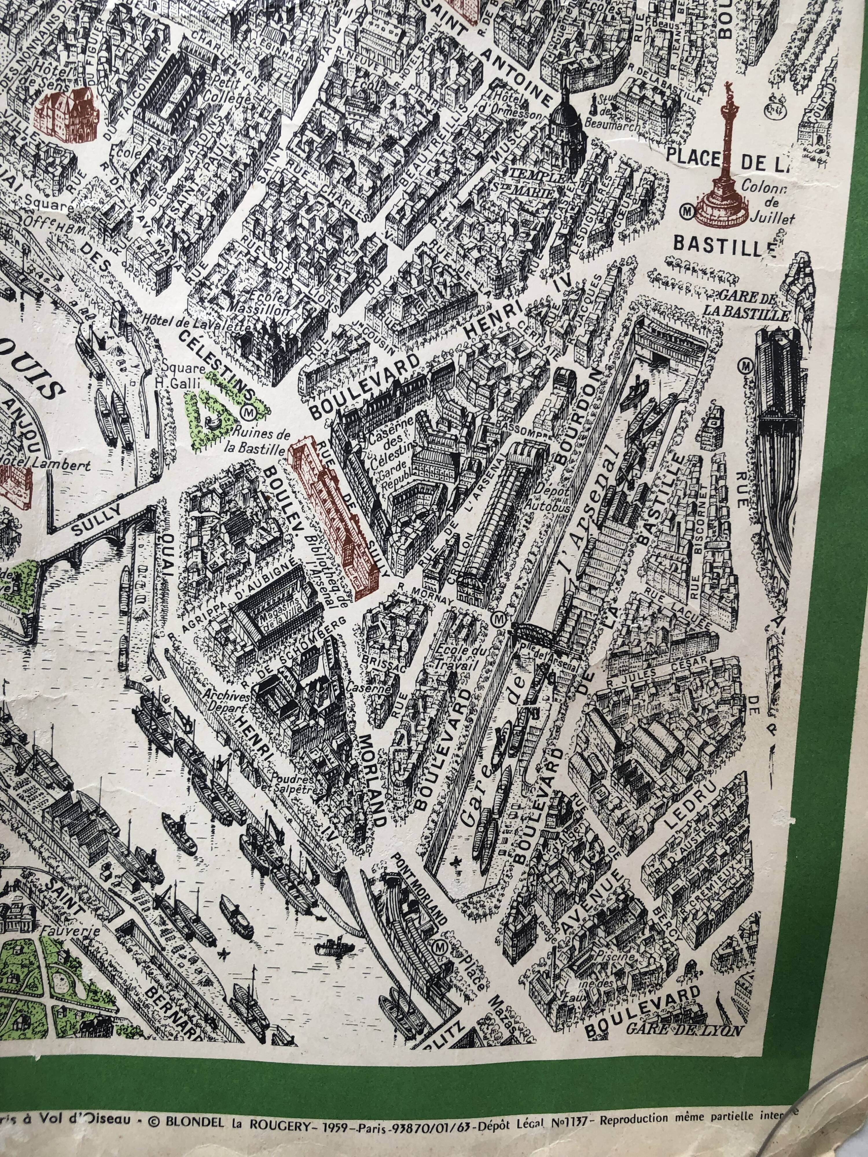 1959 map view of the center of paris from a bird's eye, n° 63 blondel la rougery, tourism commission