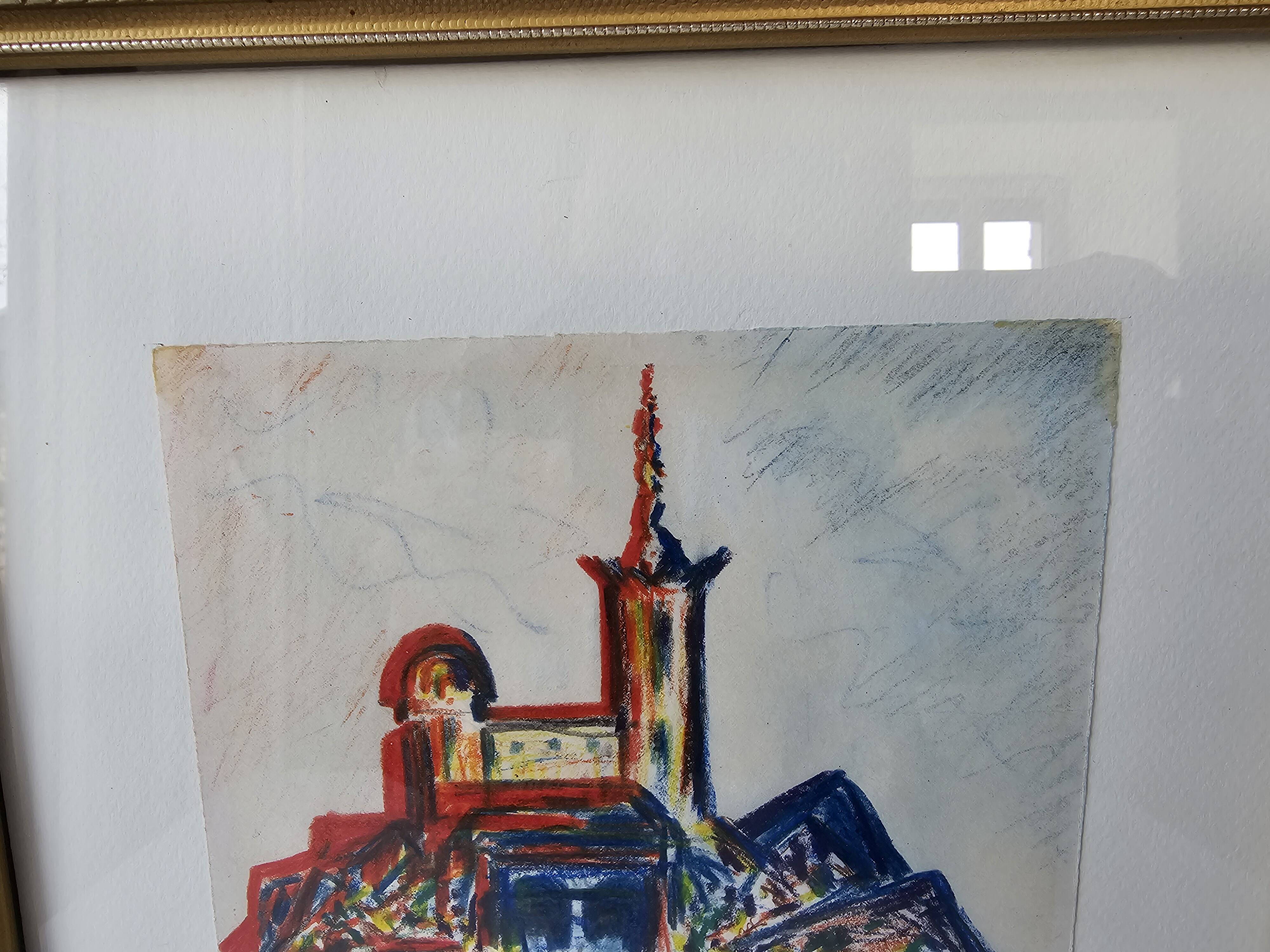Pastel painting of Notre Dame de la Garde, Marseille. Signed JM (Signature at id)