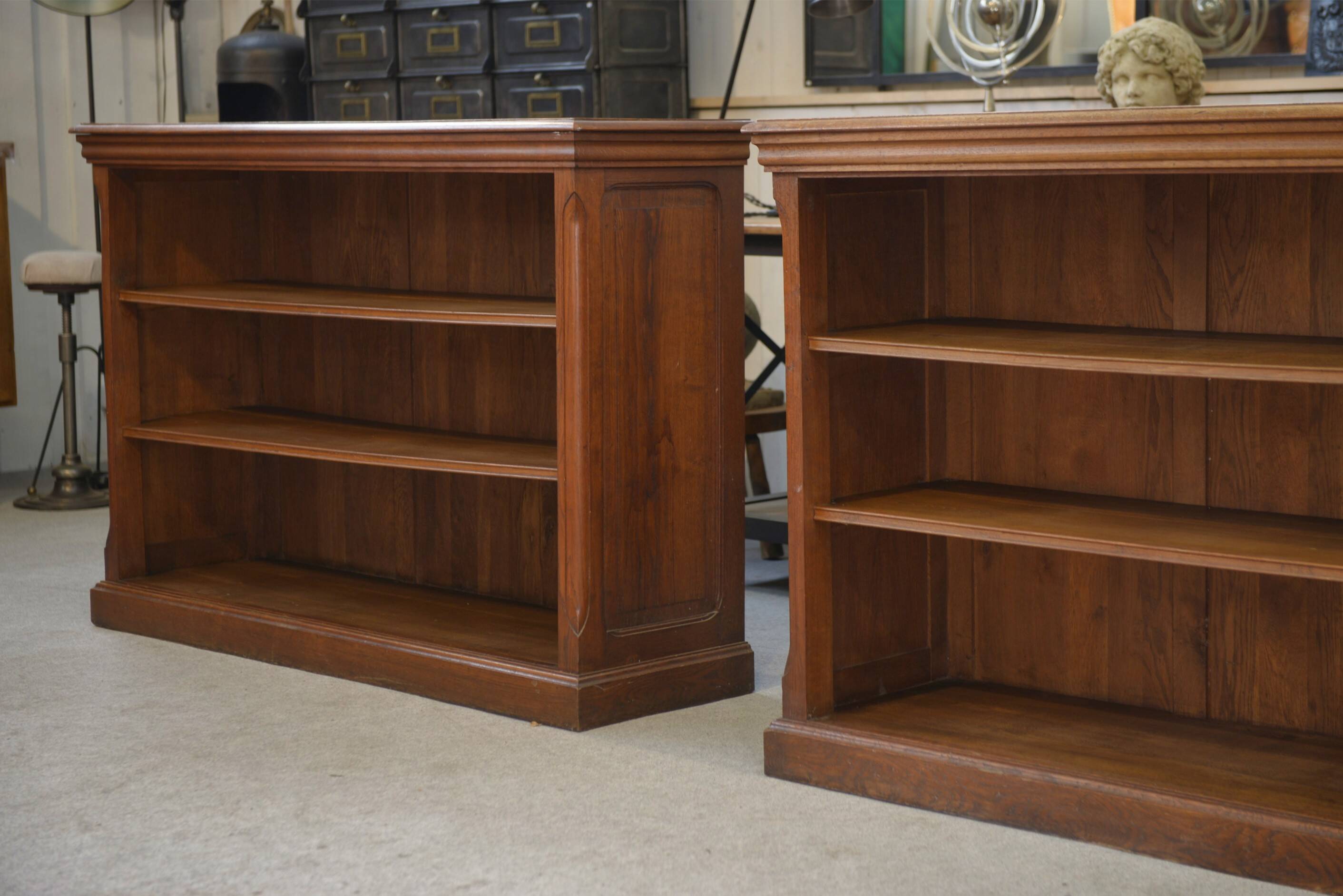 Pair of solid oak bookshelves from the 1920s.