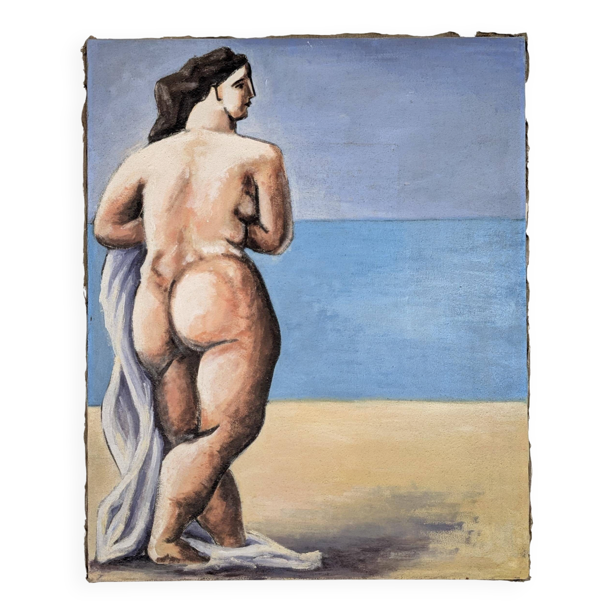 Large format modern art oil painting, female figure on the beach, 20th century