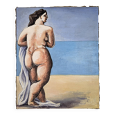 Peinture à l'huile moderne en grand format, figure féminine sur la plage, 20e siècle