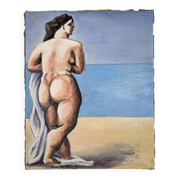 Large format modern art oil painting, female figure on the beach, 20th century