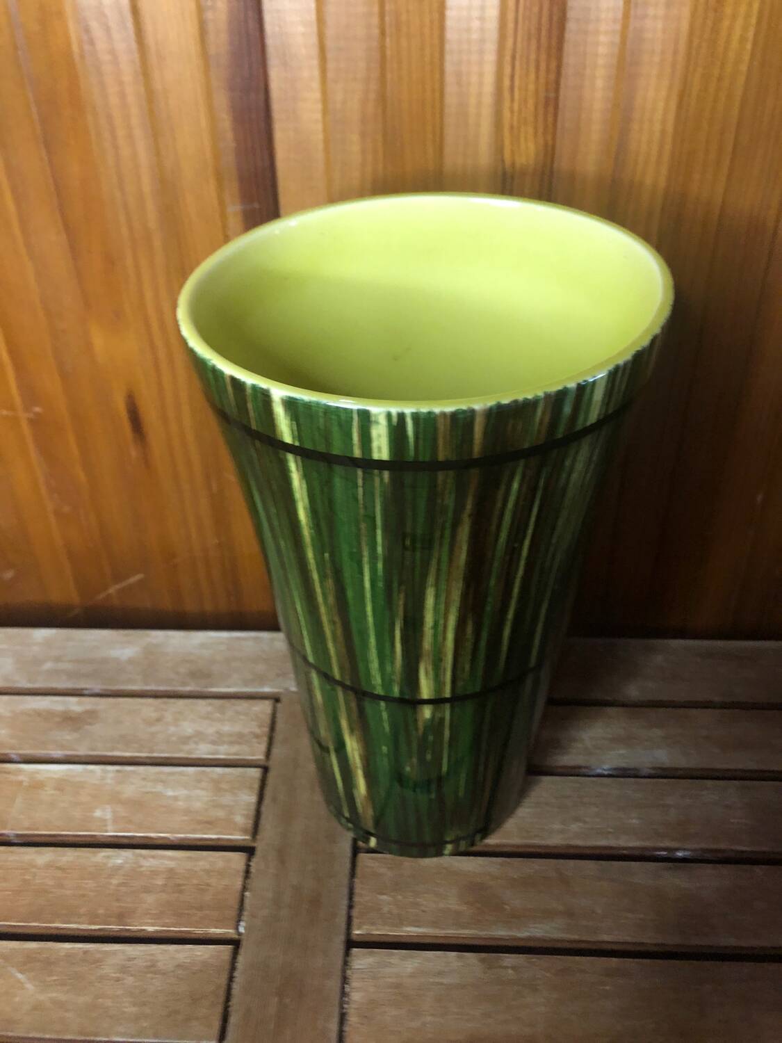 Old vase st clément france green & yellow ceramic vintage #a392