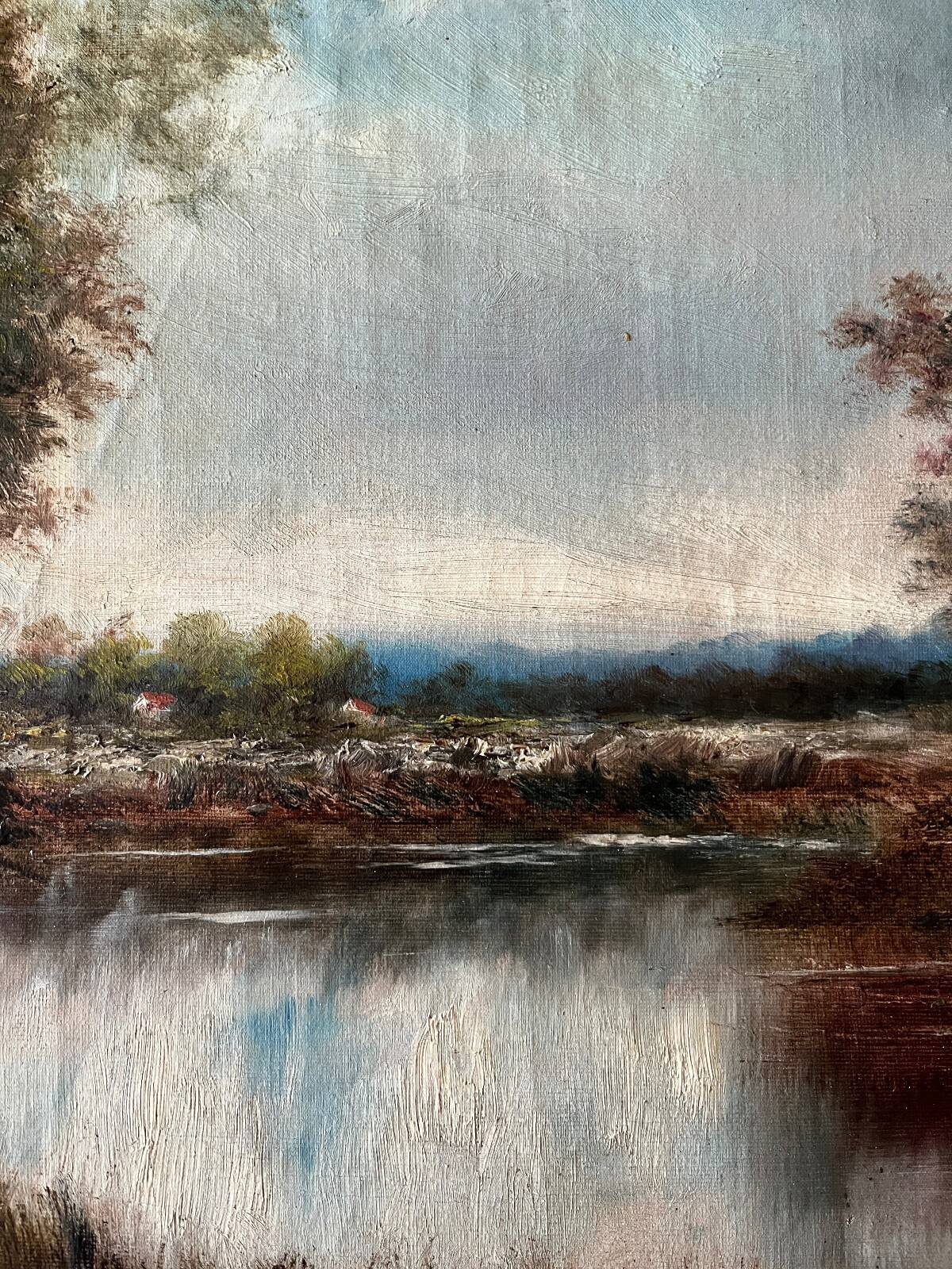 Tableau HST "Animated Lakeside Landscape" by Barbizon school, signed Décharme.