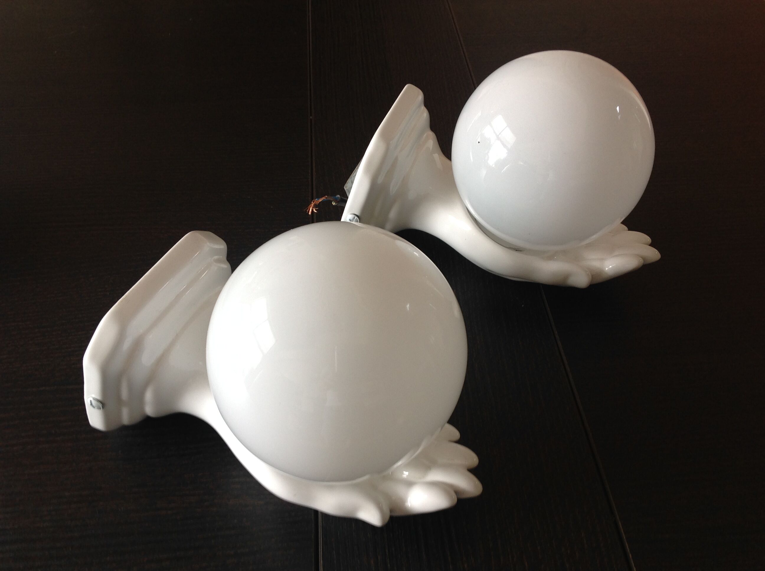Pair of hand ceramic and opaline wall lamps vintage
