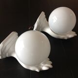 Pair of hand ceramic and opaline wall lamps vintage
