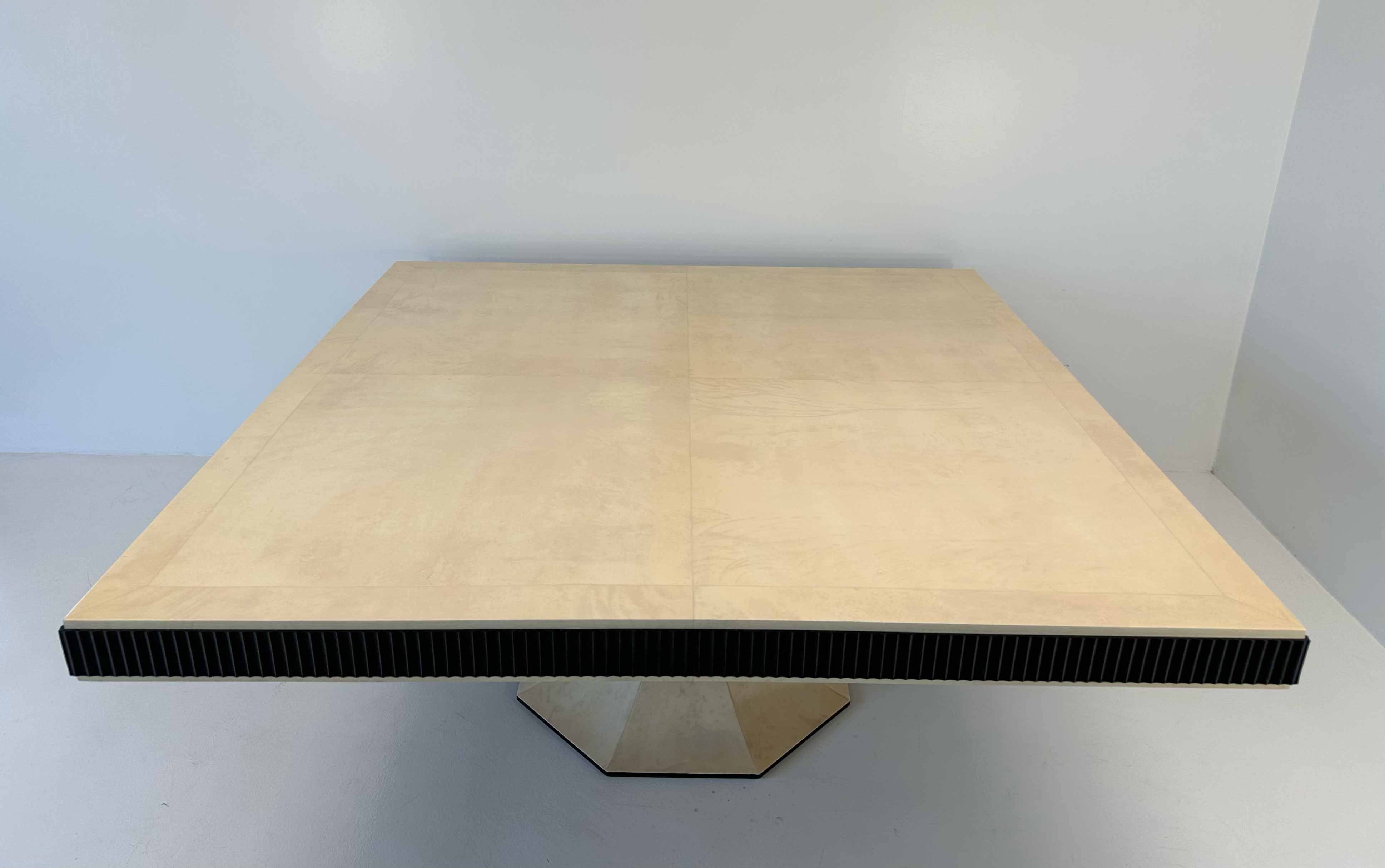 Italian Art Deco Style Square Parchment and Black Lacquer Table, 1980s