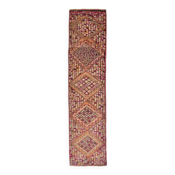Fuchisa & Burgundy Turkish Runner Rug, One of a Kind Hallway Runner