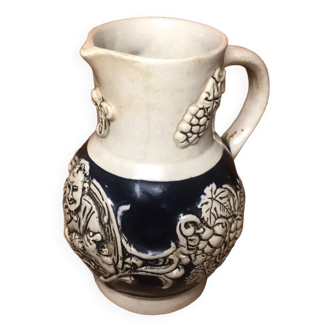 Old alsace ceramic pitcher gray blue vintage vines decor