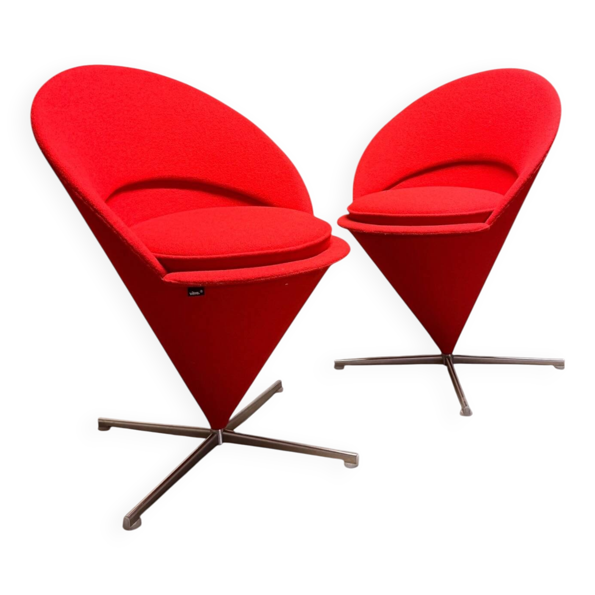 Pair of Cone Chair armchairs by Verner Panton for Vitra, red wool fabric.