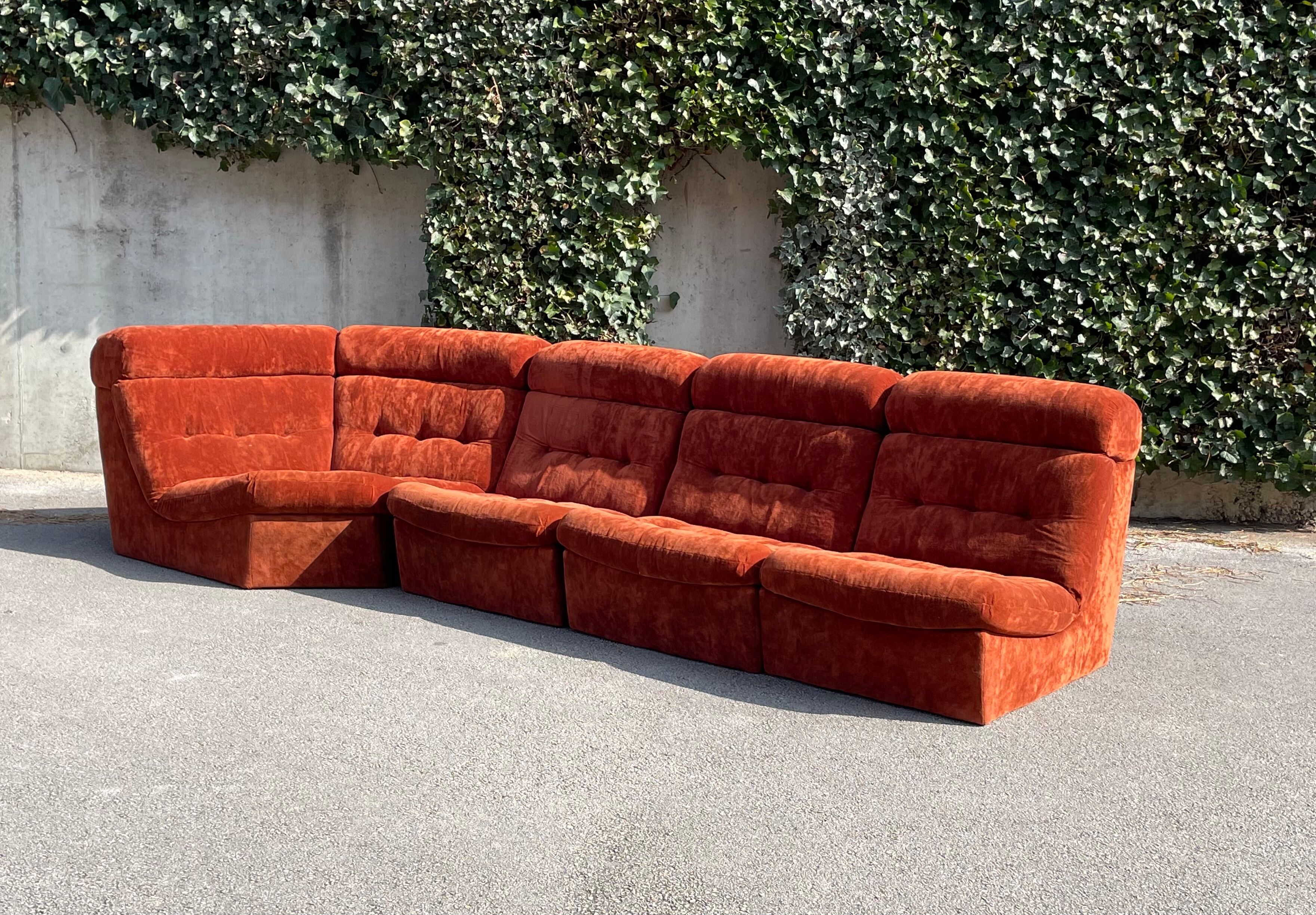 Modular sofa in rusty velvet, France 1970s