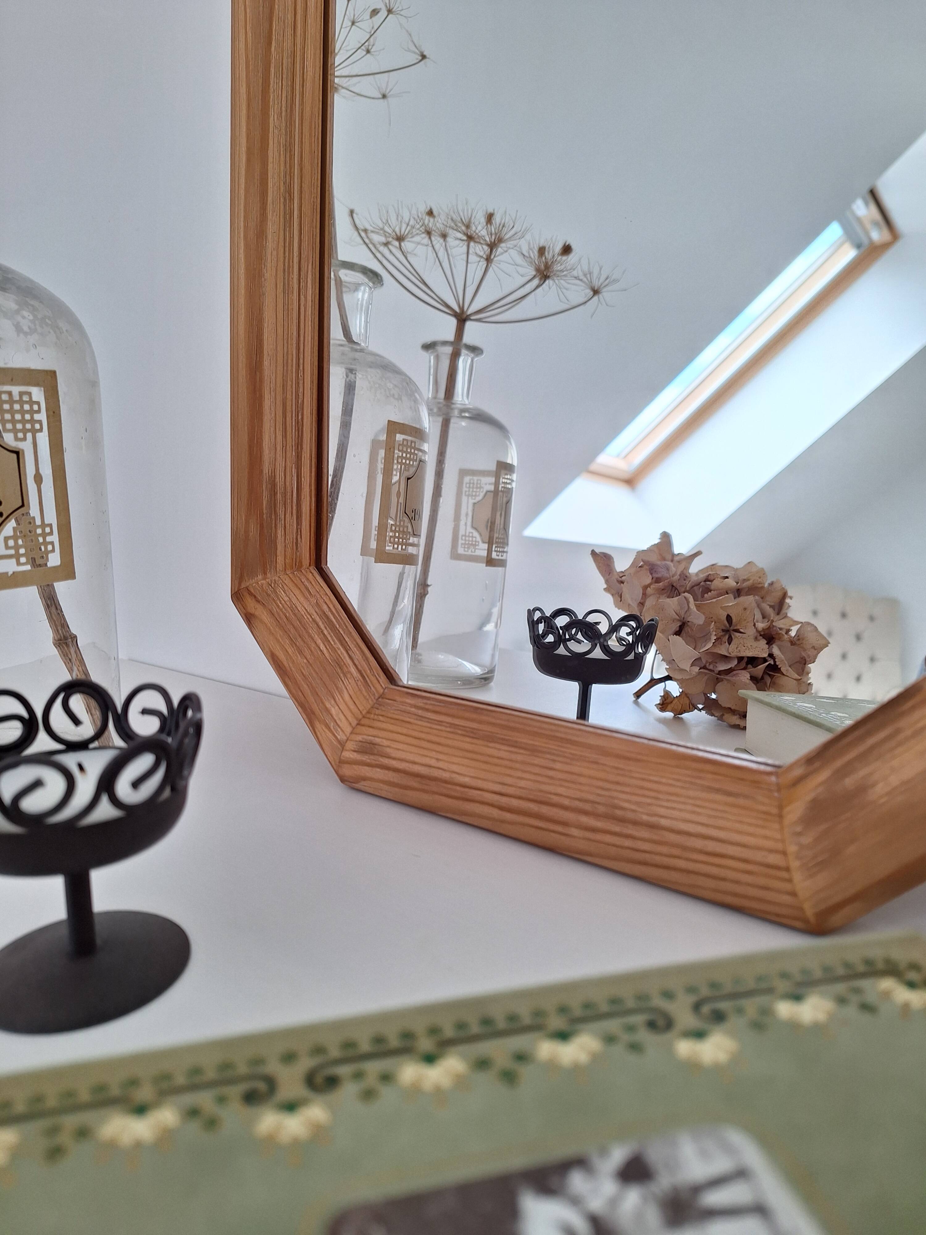 Octagonal solid wood mirror from the 1980s.