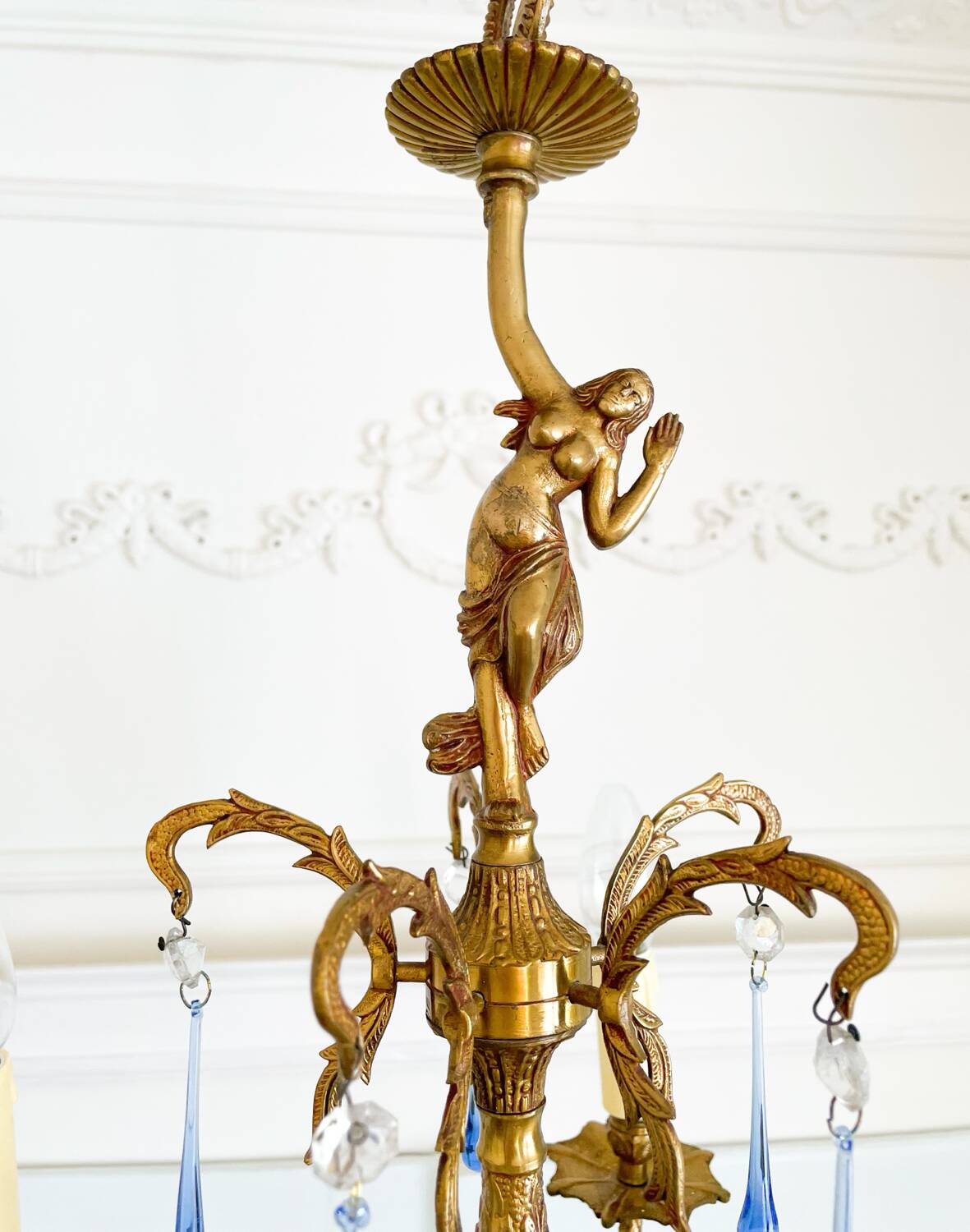 Élégant lustre vintage en bronze avec pampilles Murano bleu saphir – 5