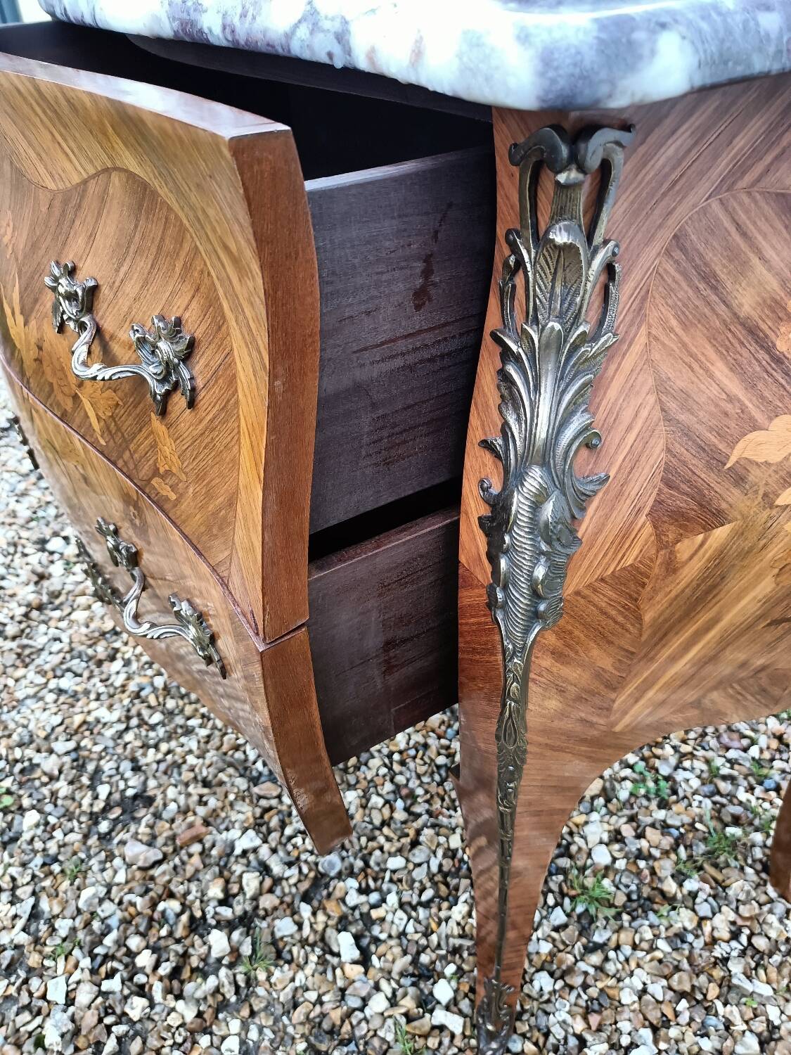 Old marquetry chest of drawers, Louis XV style marble top
