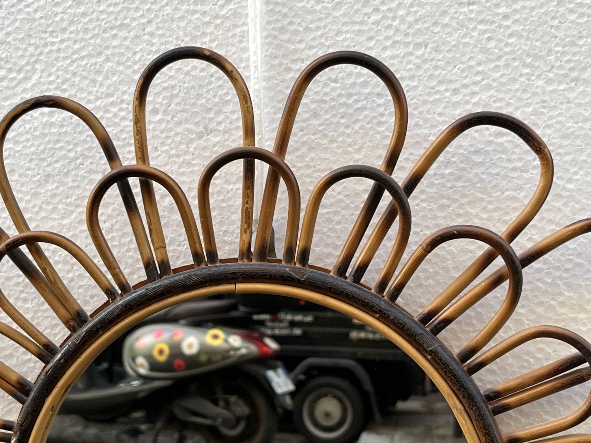 Round flower sun mirror in smoked wicker rattan vintage 1960s 1970s 47 cm folk