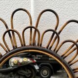 Round mirror flower sun in smoked rattan wicker vintage 1960 1970 47 cm folk