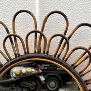 Round flower sun mirror in smoked wicker rattan vintage 1960s 1970s 47 cm folk