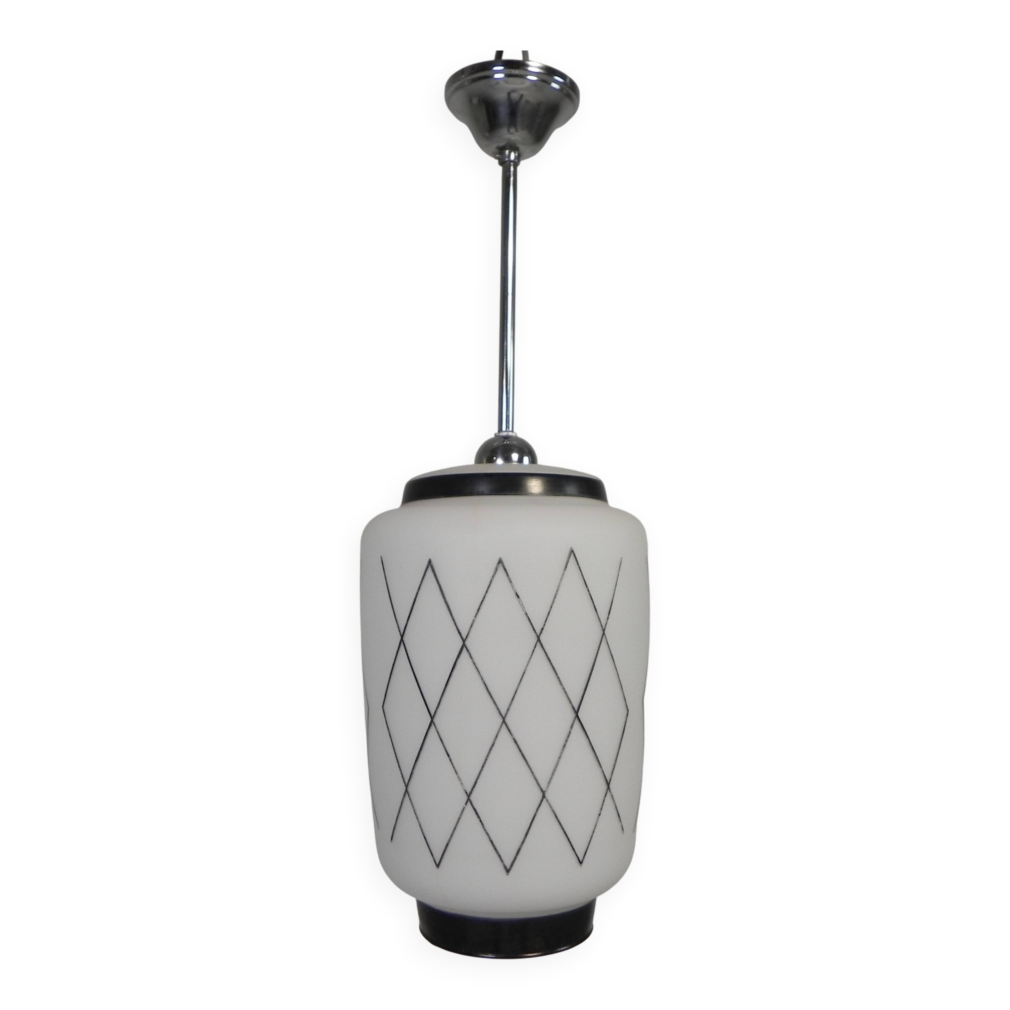 Vintage suspension with opaline lampshade and black decoration, 1950s.