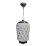 Vintage suspension with opaline lampshade and black decoration, 1950s.