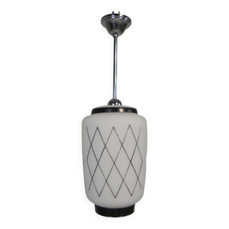 Vintage suspension with opaline lampshade and black decoration, 1950s.