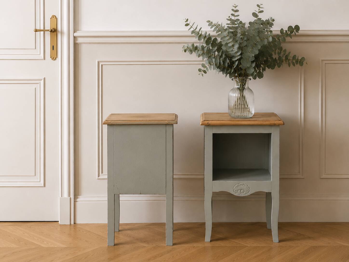 Pair of restored antique bedside tables painted in verdigris.