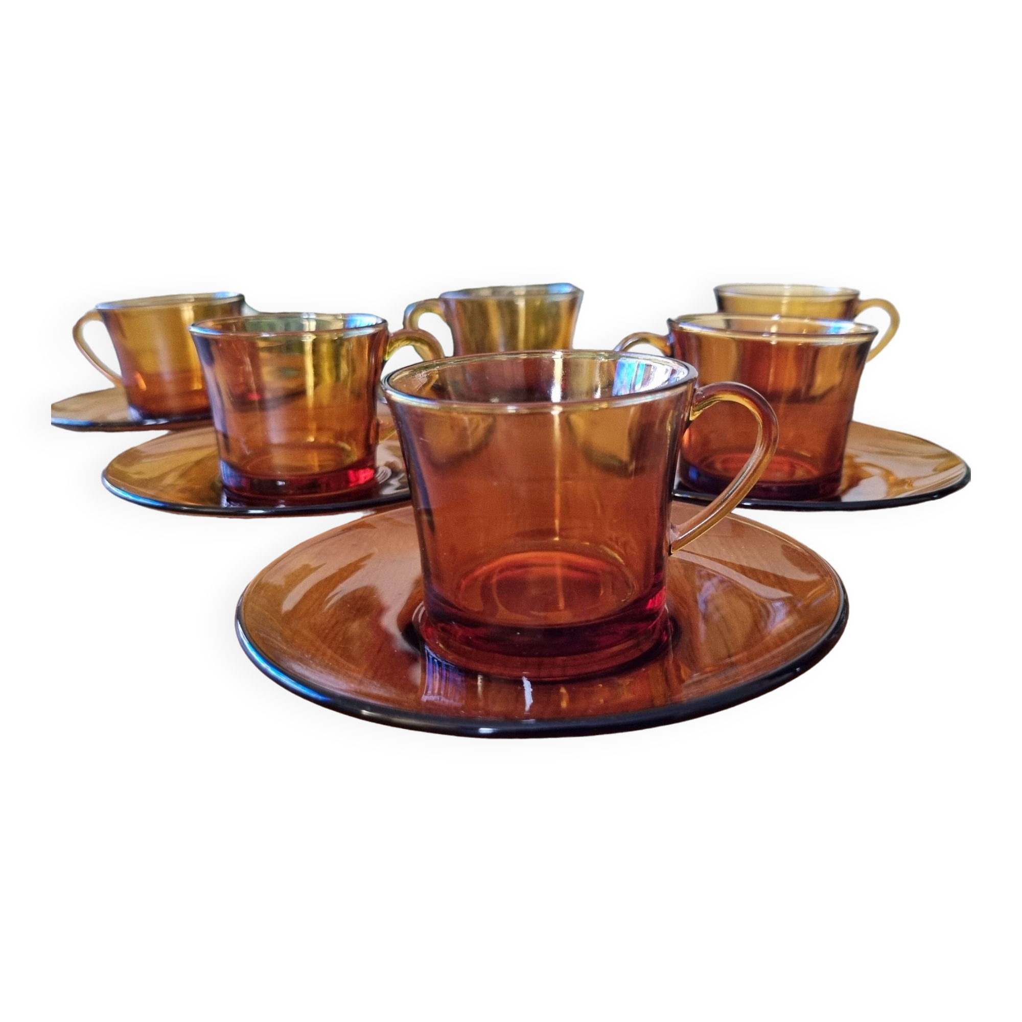 Set of 6 cups & saucers vintage Duralex amber glass signed