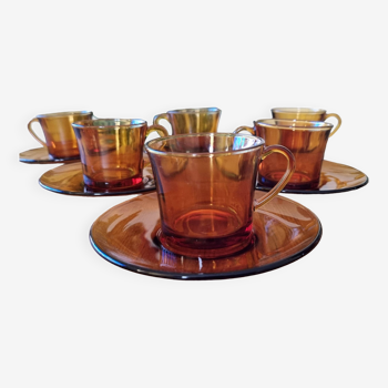Set of 6 cups & saucers vintage Duralex amber glass signed