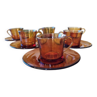 Set of 6 cups & saucers vintage Duralex amber glass signed