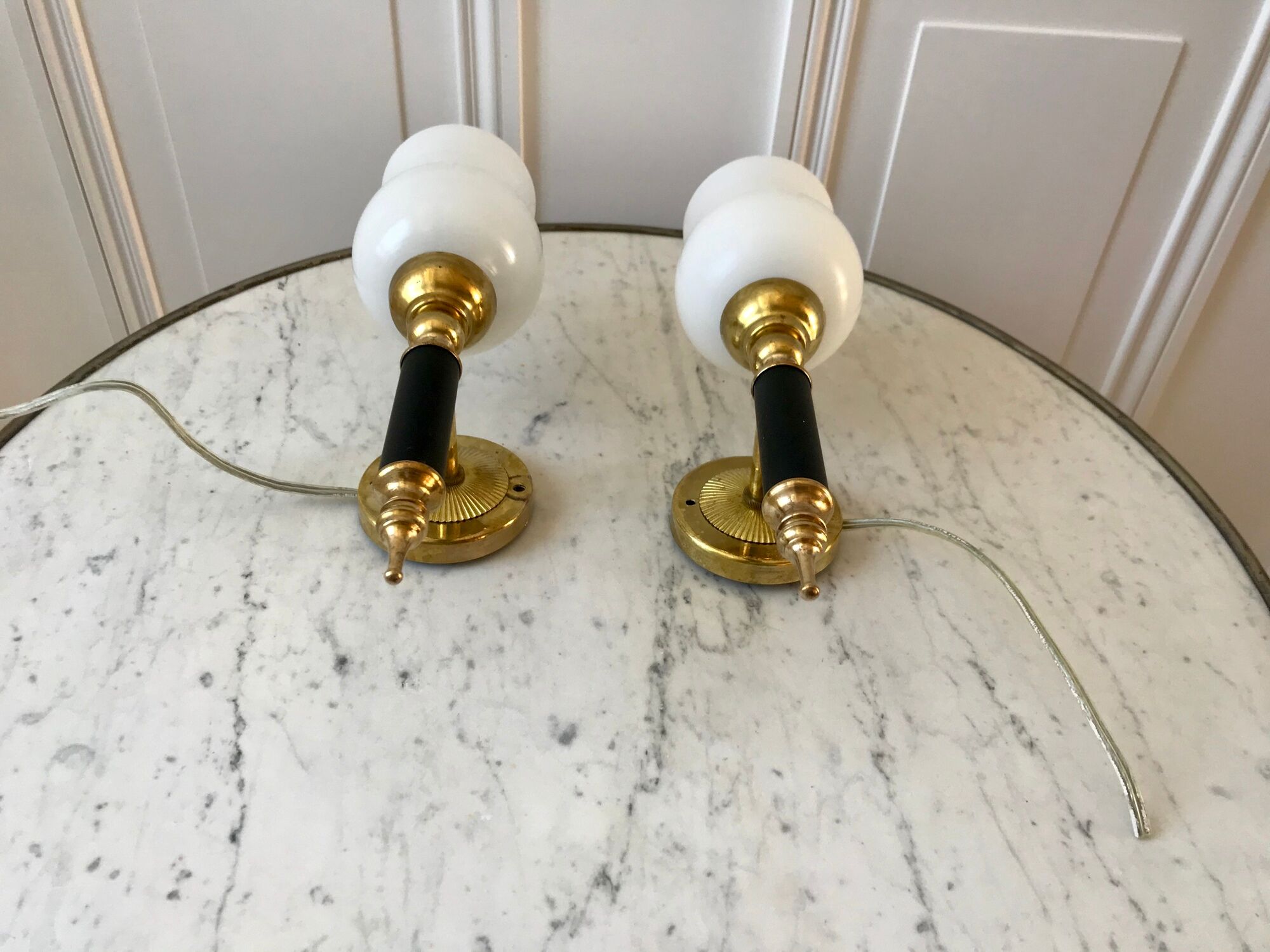 Pair of opaline and golden brass wall lamps art deco style 30s