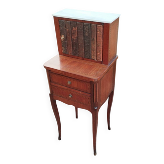 Antique Louis XVI style marquetry bedside table with marble top