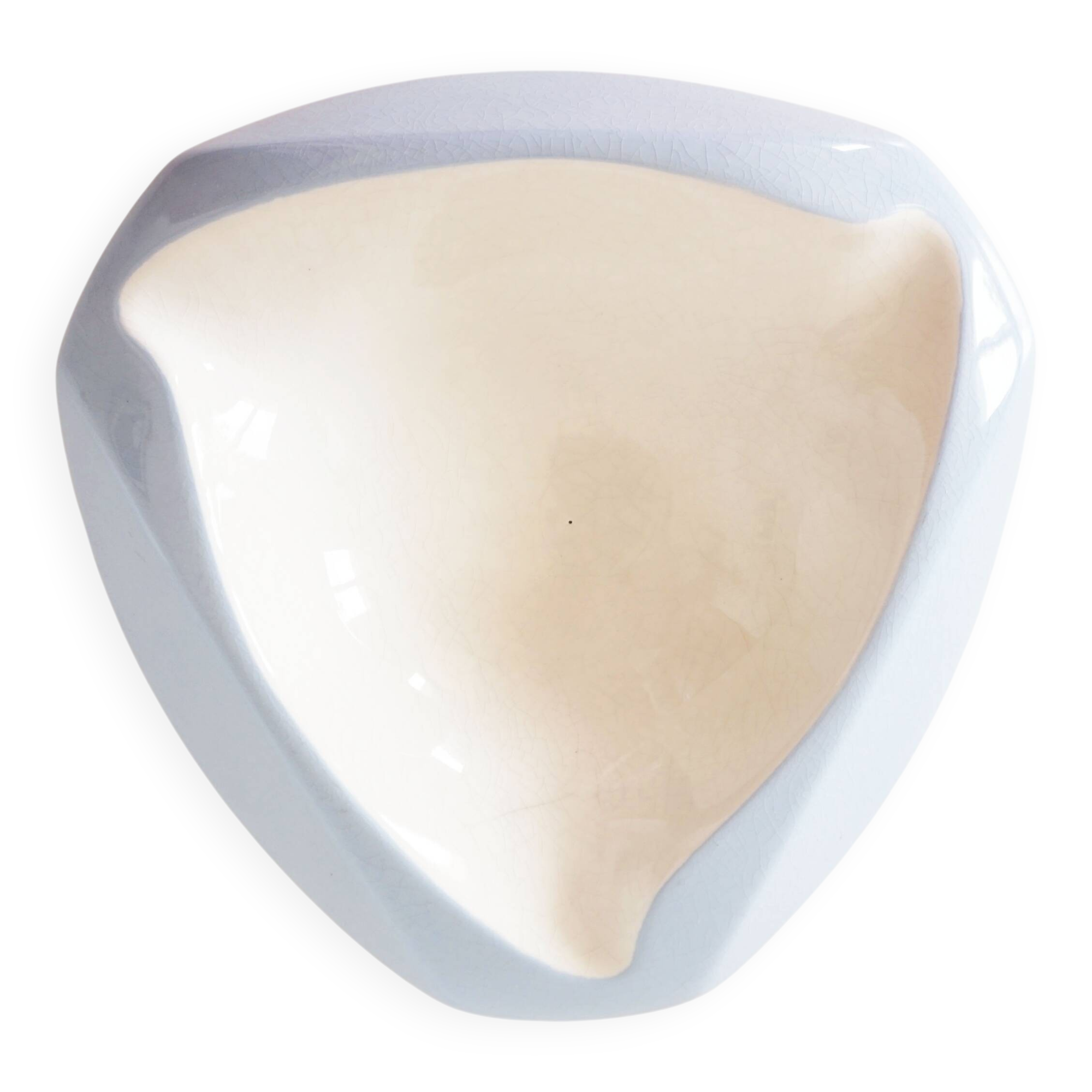 Large white and sky blue ceramic catchall from the 1950s.