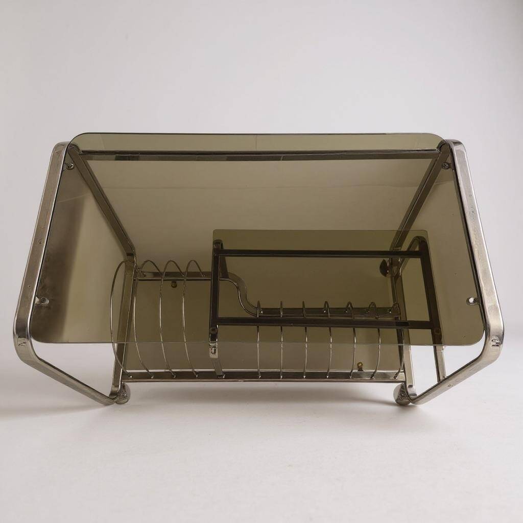 Vintage Space Age 1970s Coffee Table • Black Smoked Glass & Chrome • Magazine Rack