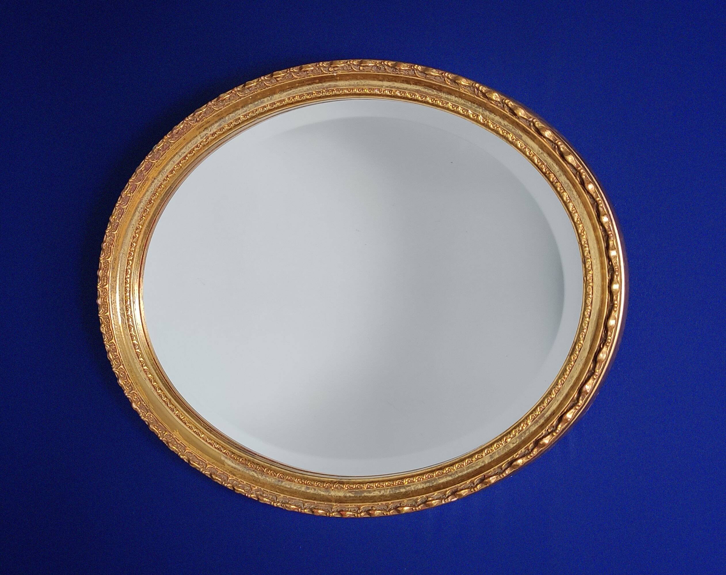 Vintage Wall-Hanging Oval Bevelled Mirror with Distressed Gold Gilt Frame