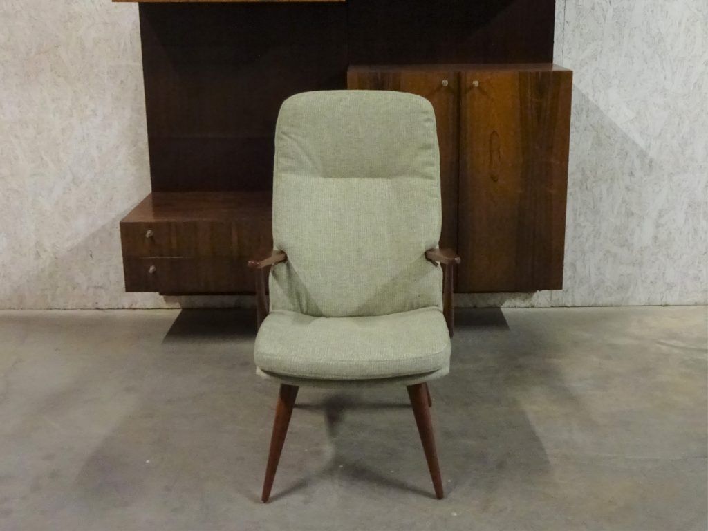 Teak armchair colored by Cor Alons for Firma C. Den Boer Gouda covered with green fabric Reseda mixture