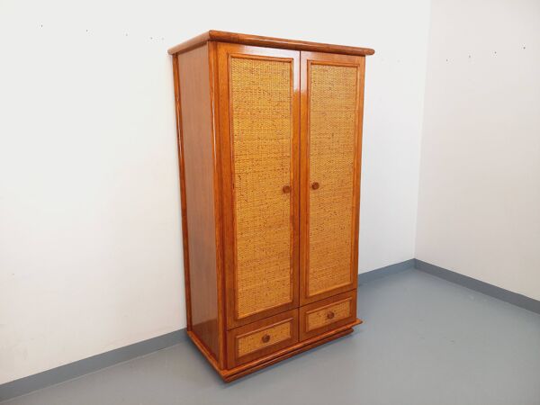 Armoire vintage en rotin tressé et bois Maugrion pour Roche-Bobois