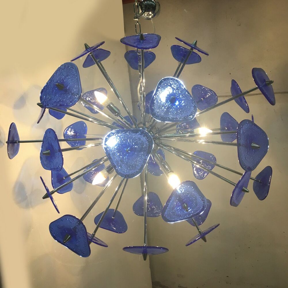 Lustre spoutnik en verre spoutnik en trèfle bleu
