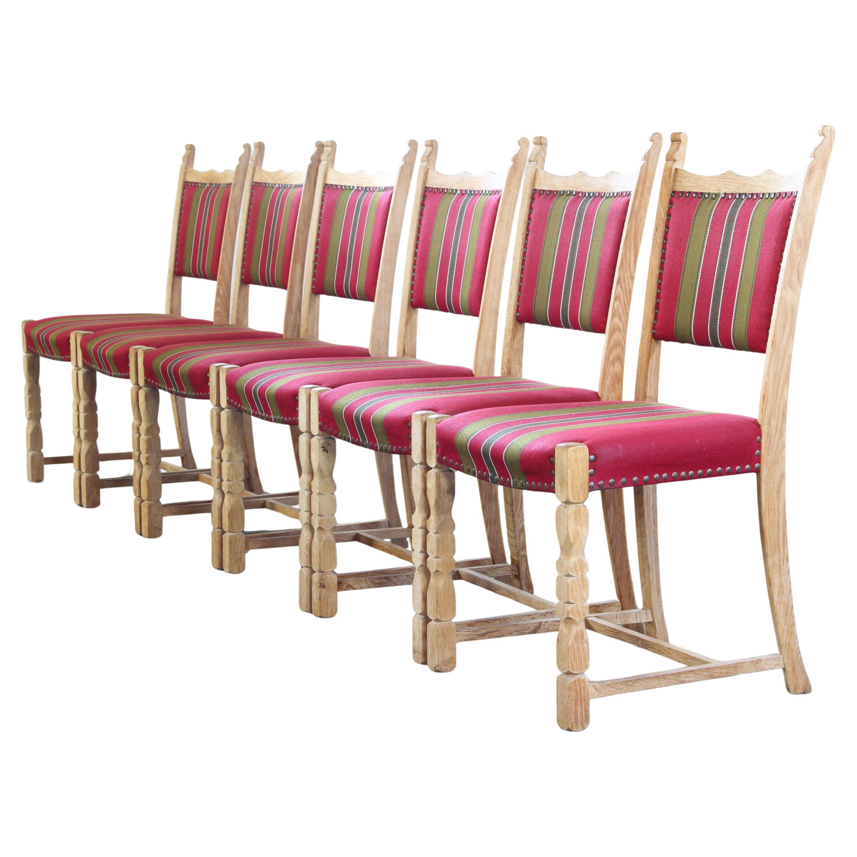 Lot of 6 Vintage Danish Brutalist Oak Dining Chairs, Henning Kjærnulf Style, 1960s