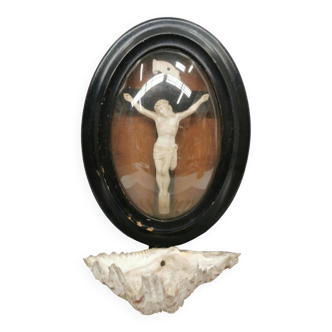 Curved glass frame Christ Napoleon III, Crucifix / Christ / Font, blackened wood 19th century