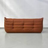 Canapé Togo français en cuir de vachette épais couleur cognac, signé Michel Ducaroy pour Ligne Roset