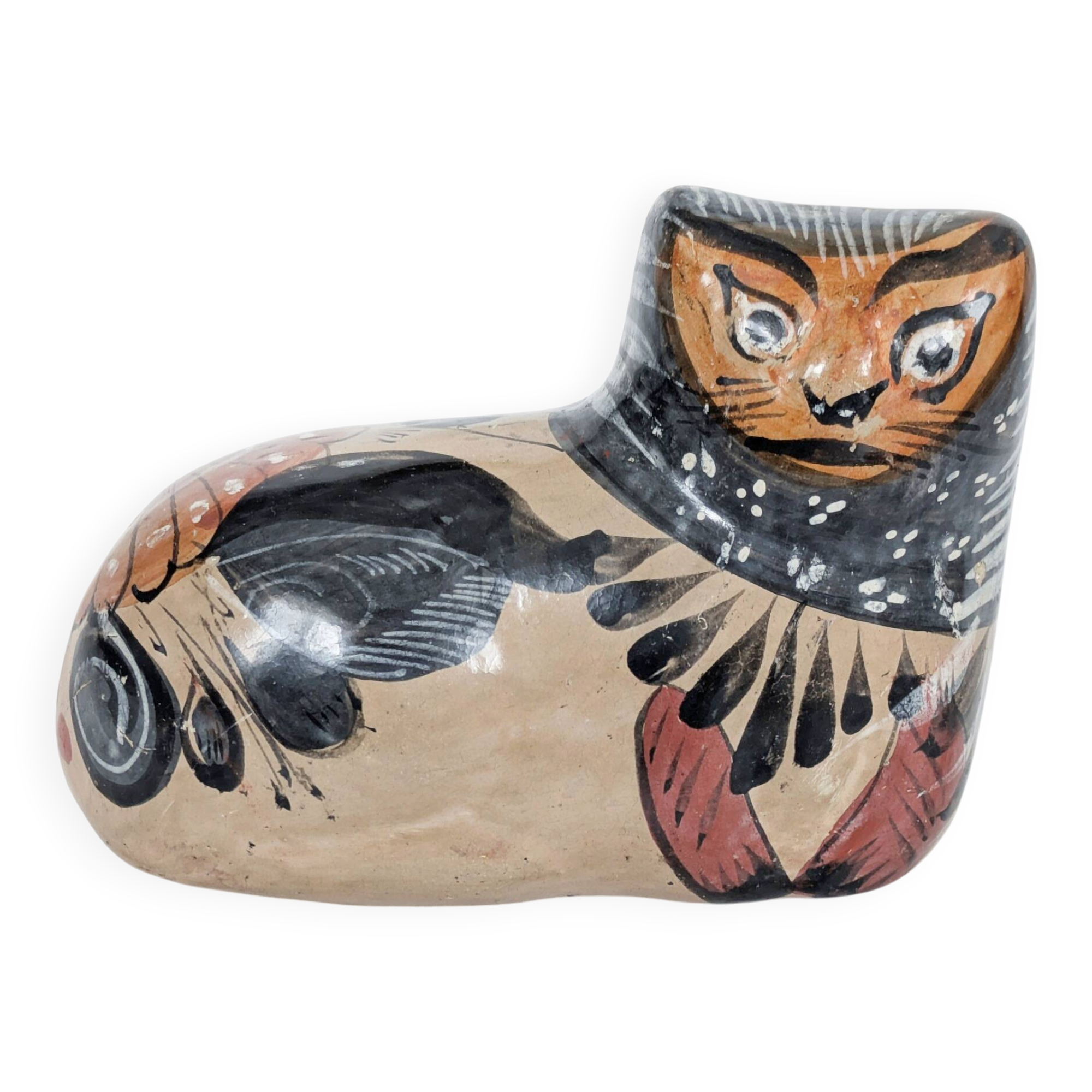 Cat figurine in Tonalá pottery, Mexico, handmade folk art.