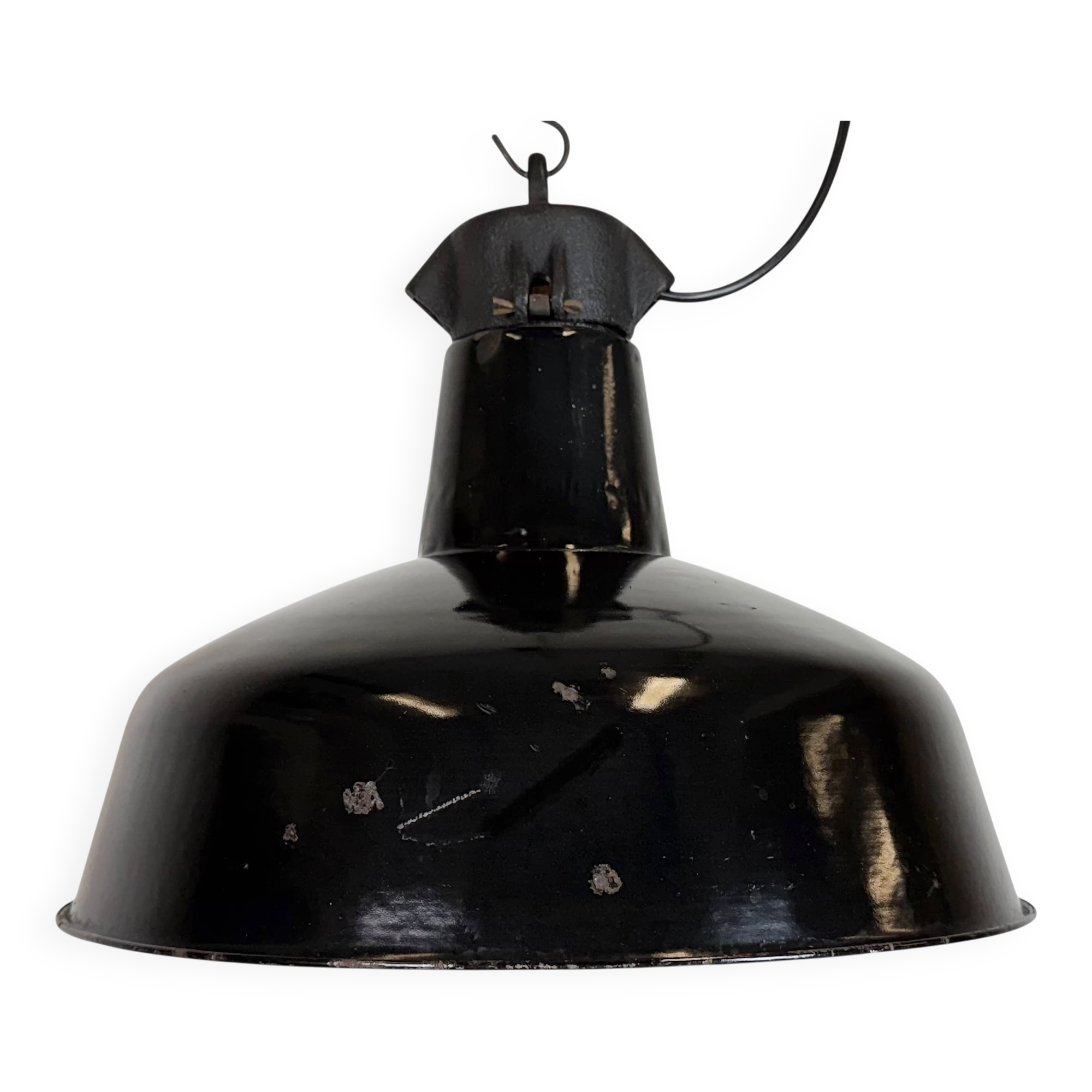 Industrial Black Enamel Factory Lamp with Cast Iron Top, 1950s