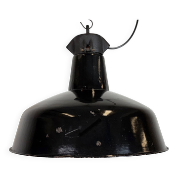 Industrial Black Enamel Factory Lamp with Cast Iron Top, 1950s