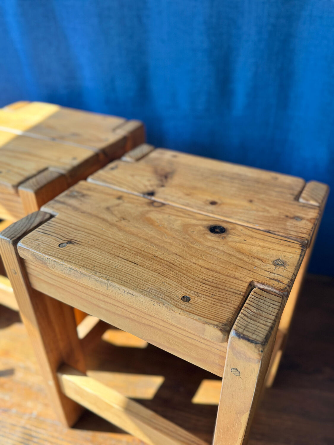 Pair of vintage larch stools, 1960s/70s