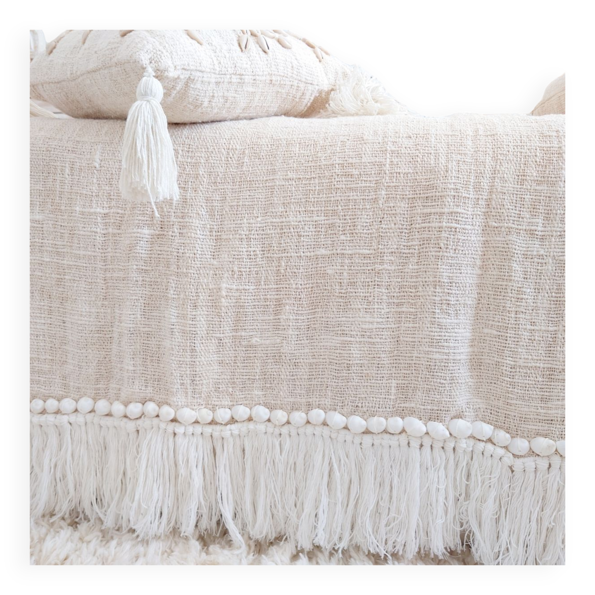 White Aussa plaid with fringe and shells