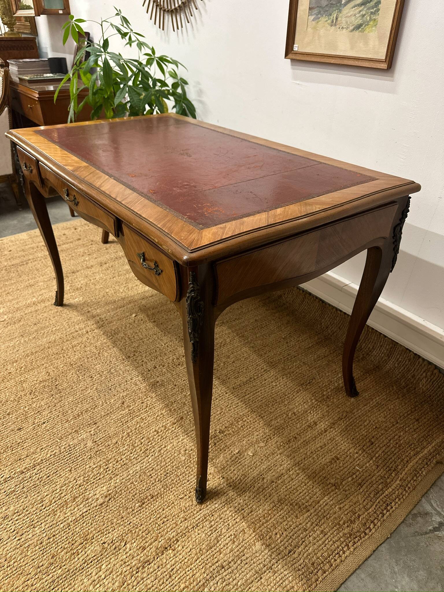 Louis XV style marquetry desk – antique leather top